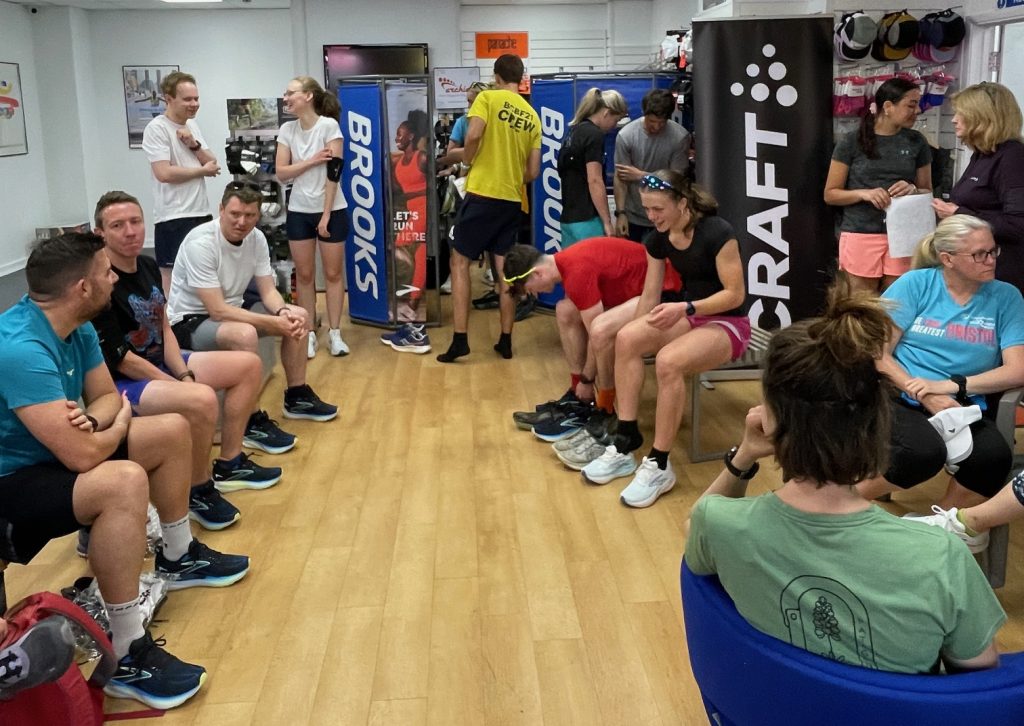 Following a sunny group run around harbourside we returned to the shop to start carb loading ahead of Sunday with free Clear Head alcohol-free beer from Bristol Beer Factory down the road and free pizza from our neighbours across the road at Can Can Pizza.